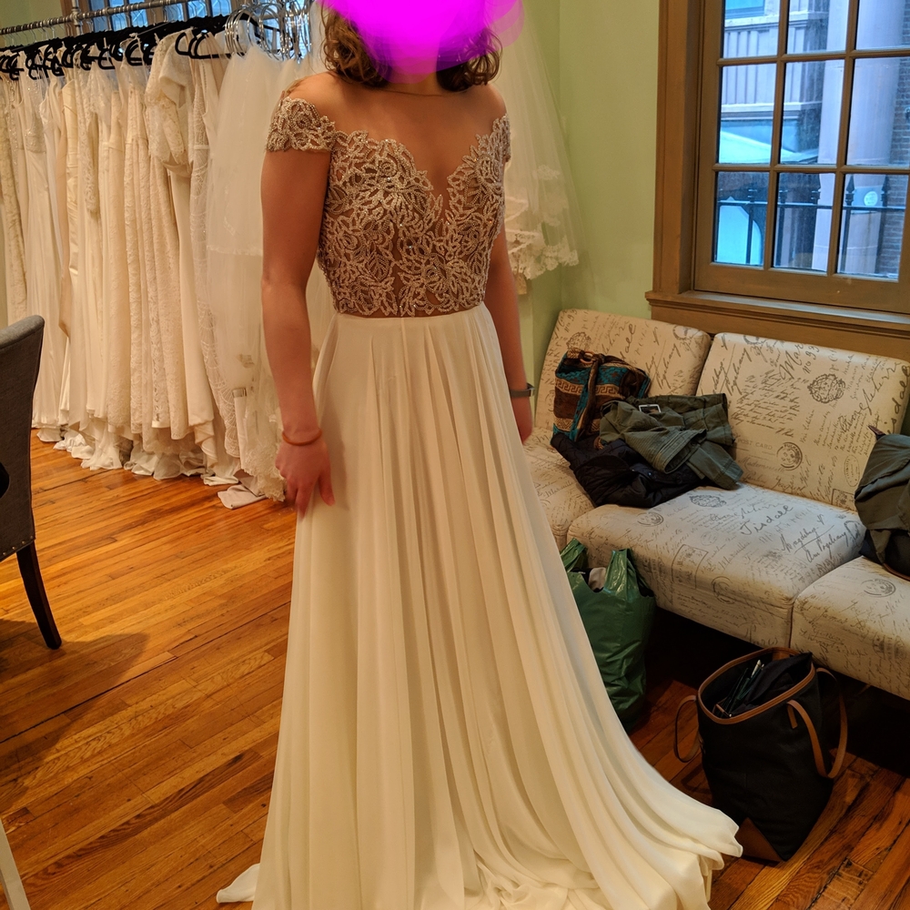Hayley Paige Occasions Ivory Lace Bodice Chiffon Skirt Gown